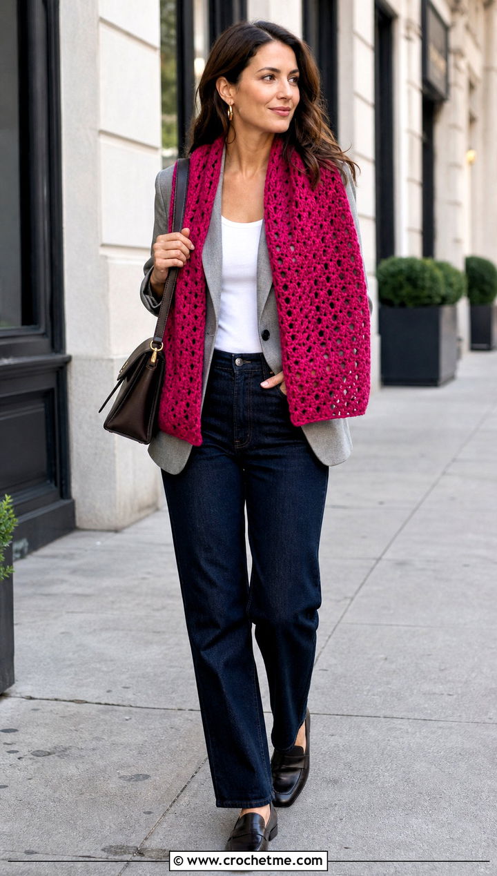 V Stitch Rectangle Crochet Shawl With Blazer And Jeans - 25 Easy Rectangle Crochet Shawl outfit ideas