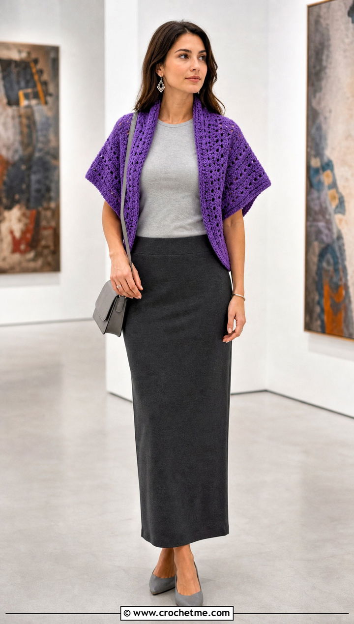 V Stitch Rectangle Crochet Shrug With Column Skirt - 20 Rectangle Crochet Shrug outfit ideas