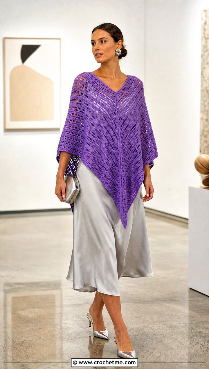 V Stitch Rectangle Poncho With Satin Slip Dress - 30 crochet rectangle poncho outfit ideas