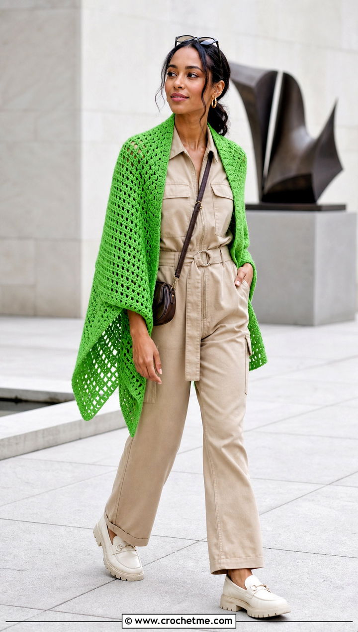 V Stitch Rectangle Shawl With Utility Jumpsuit - 25 Easy Crochet Rectangle Shawl outfit ideas