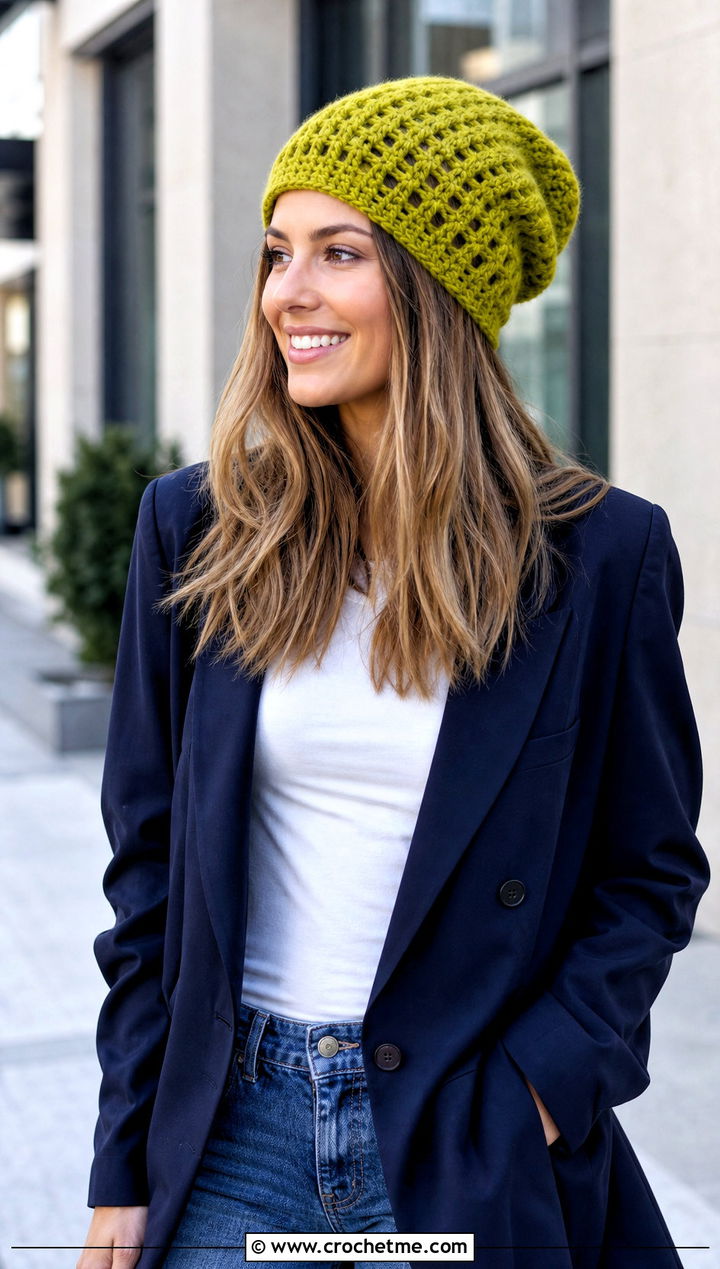 V Stitch Slouch Crochet Hat With Blazer And Jeans - 30 slouch crochet hat outfit ideas