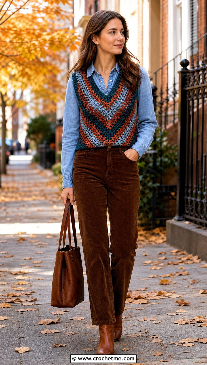 V Stitch Stripe Crochet Vest With Denim Shirt - 25 crochet vest stripes outfit ideas