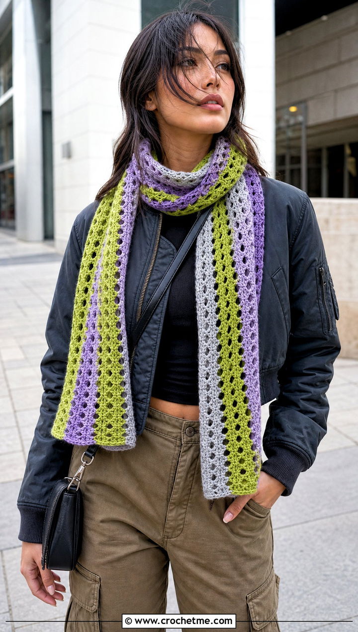 V Stitch Striped Crochet Scarf With Cargo Pants - 30 striped crochet scarf outfit ideas