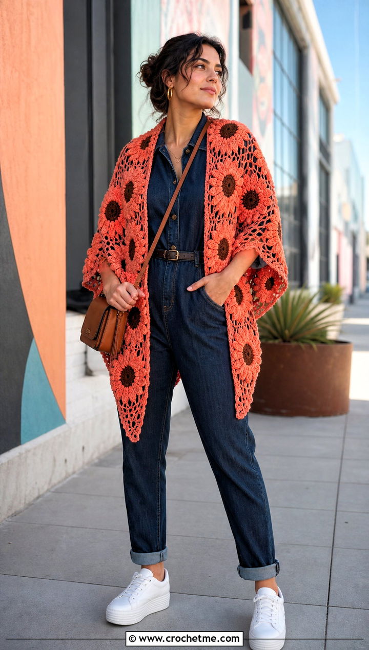 V Stitch Sunflower Crochet Shawl With Denim Jumpsuit - 20 Sunflower Crochet Shawl outfit ideas