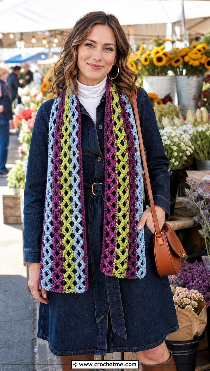 V Stitch Temperature Scarf With Denim Dress - 30 crochet temperature scarf outfit ideas