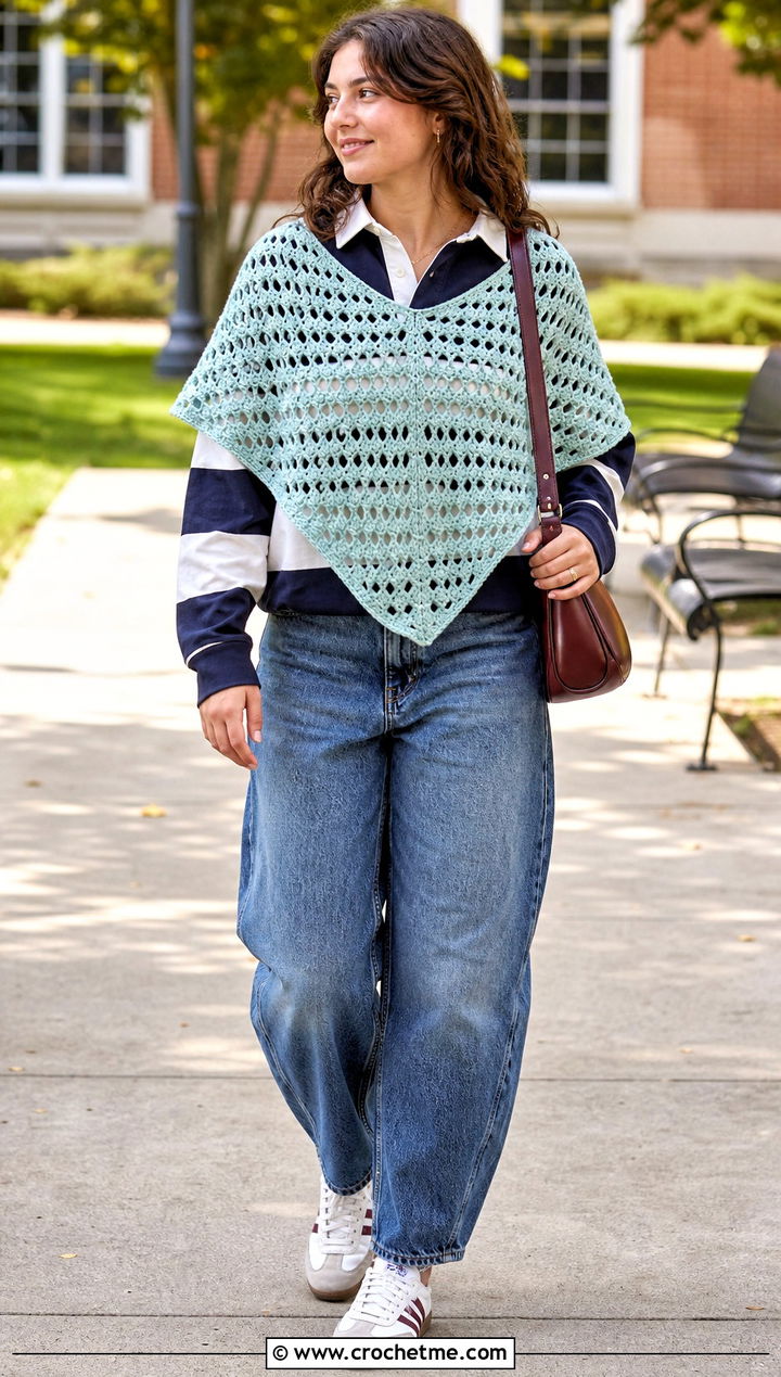 V Stitch Triangle Crochet Shawl With Rugby Shirt And Barrel Jeans - 35 triangle crochet shawl outfit ideas