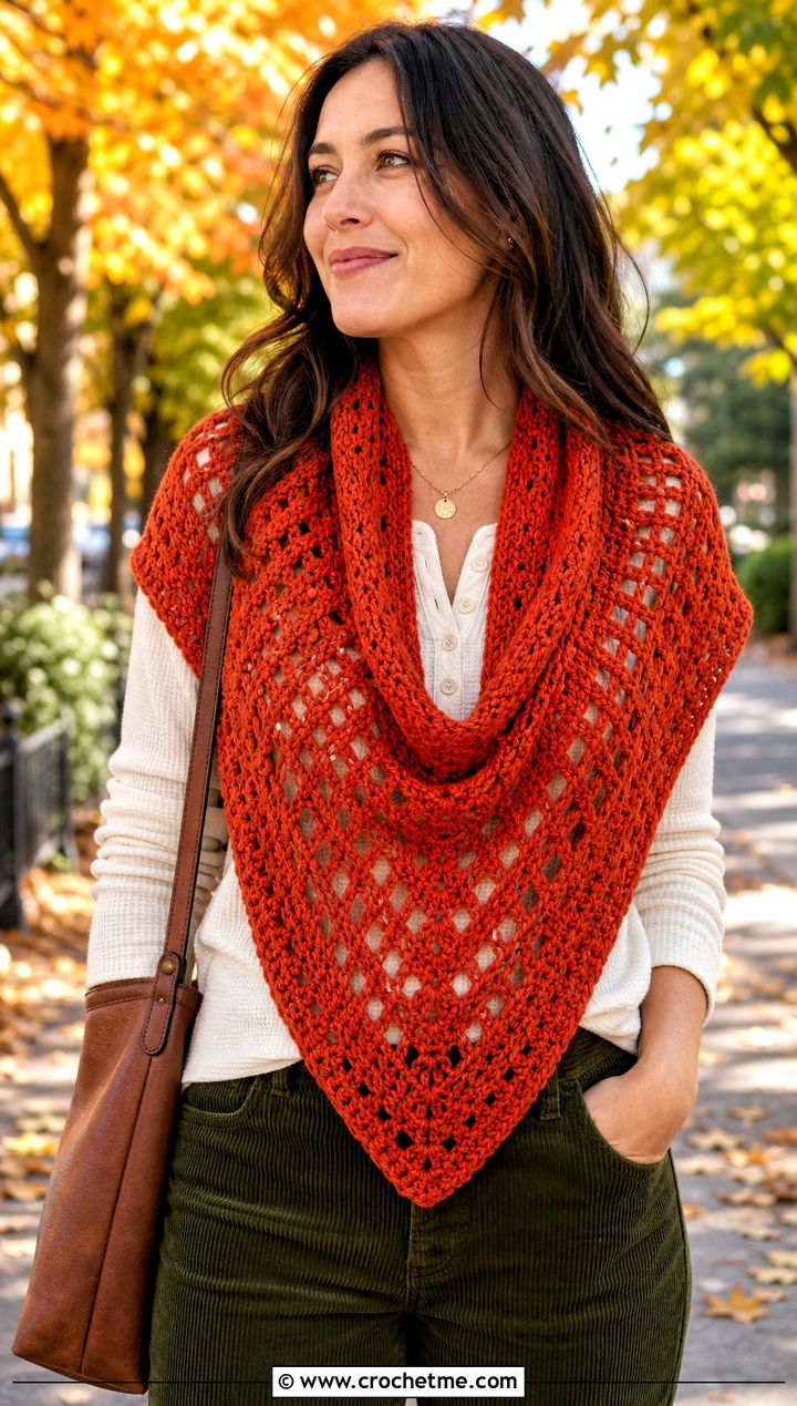 V Stitch Triangle Shawl With Henley And Corduroy Pants - 30 easy crochet triangle shawl outfit ideas
