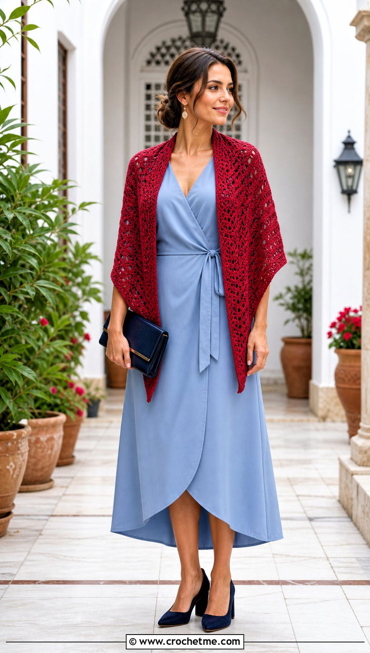 V Stitch Triangle Shawl With Wrap Dress And Block Heels - 35 Easy Simple Crochet Triangle Shawl outfit ideas