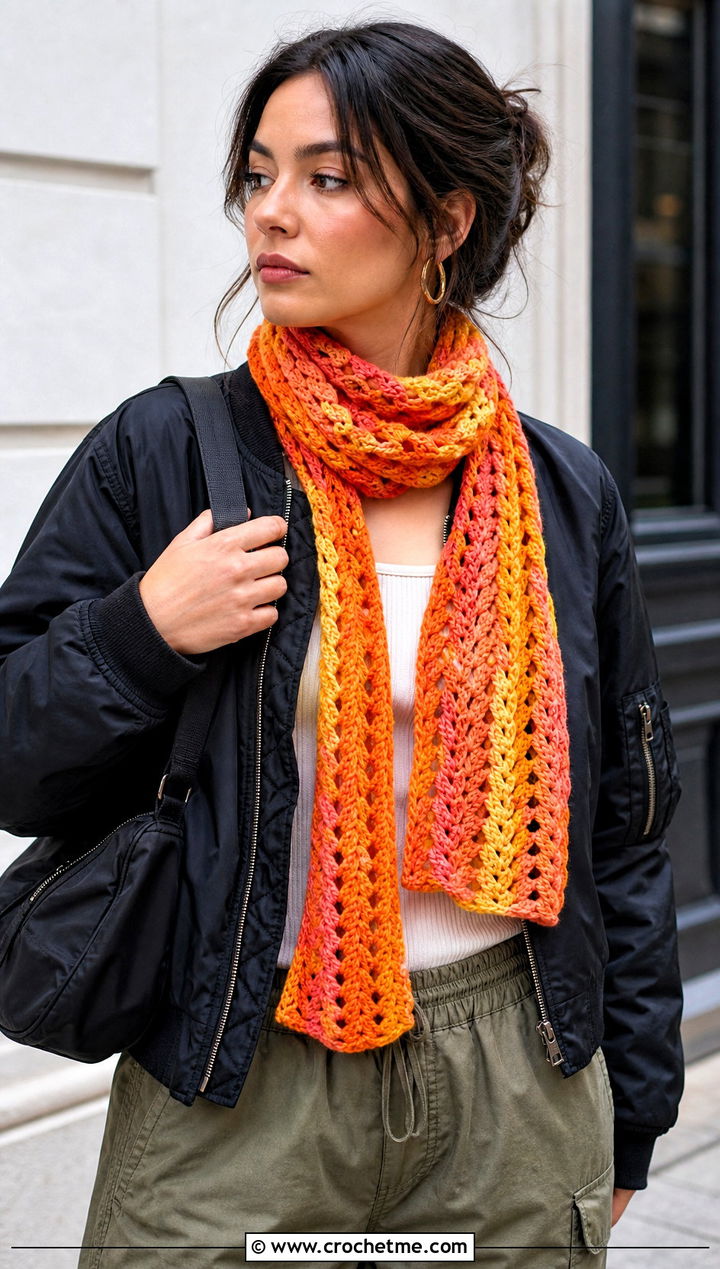 V Stitch Variegated Crochet Scarf With Cargo Pants - 25 Variegated Yarn Crochet Scarf outfit ideas