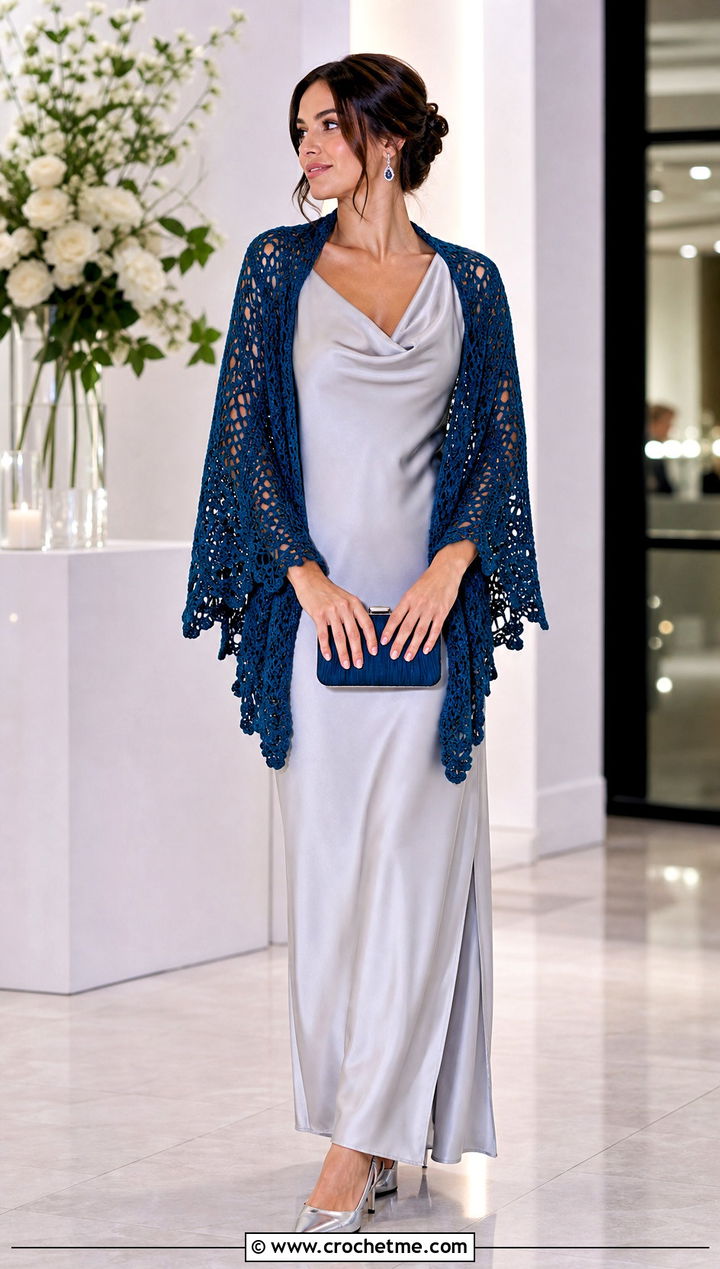 V Stitch Wedding Shawl With Cowl Neck Dress - 35 crochet wedding shawl outfit ideas