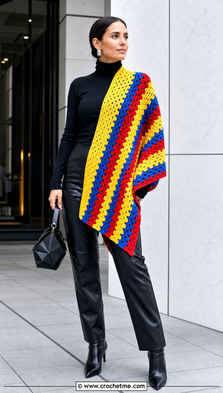 V Stitch Wrap With Leather Pants - 15 Colorful Striped Crochet Wrap outfit ideas