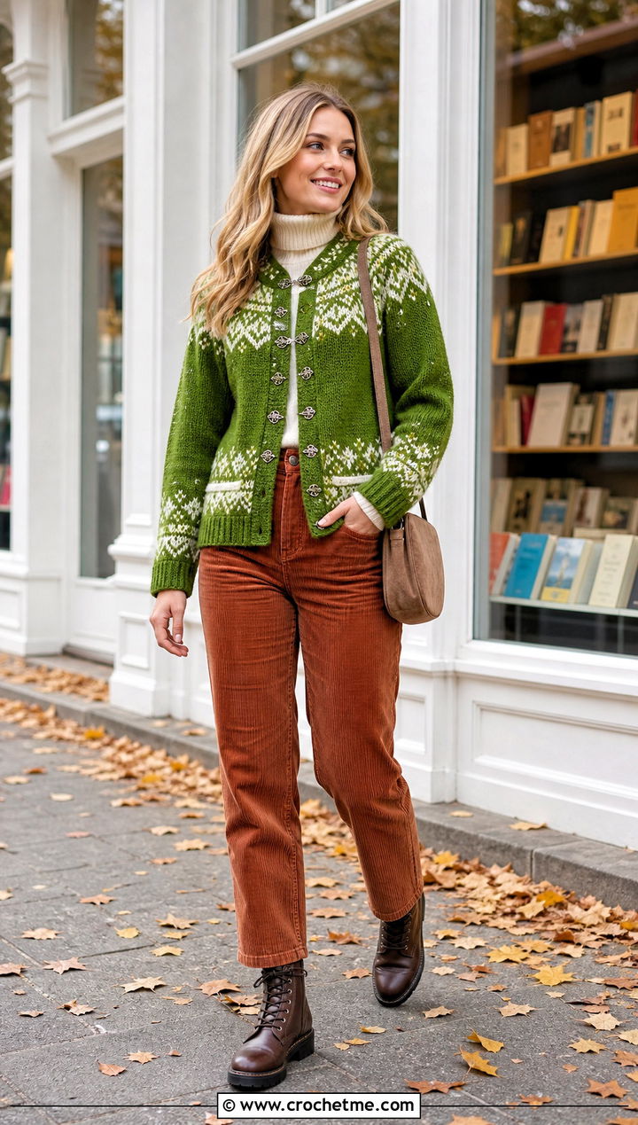 Valdres Kofte Norwegian Crochet Sweater With Corduroy Pants - 20 Norwegian Crochet Sweater outfit ideas