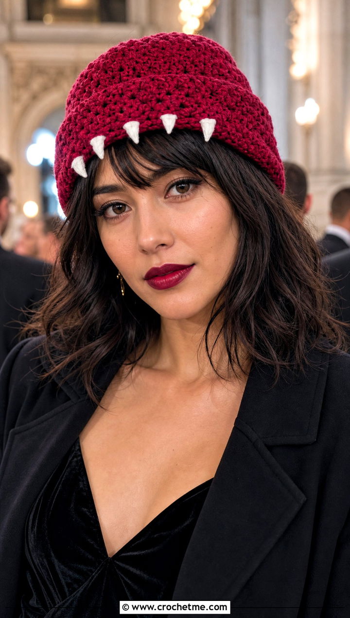 Vampire Fang Beanie With Velvet Dress - 25 Halloween Crochet Beanies outfit ideas