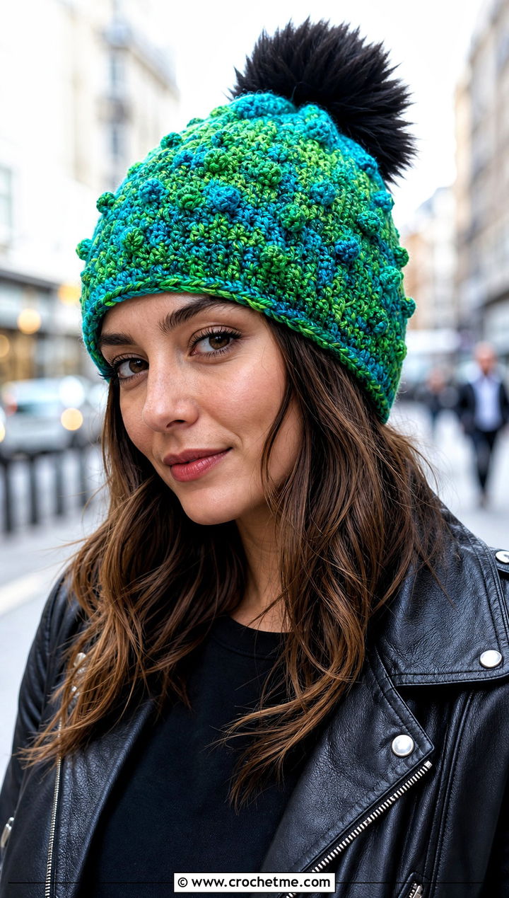 Variegated Bert Crochet Hat With Leather Jacket - 15 Bert Crochet Hat outfit ideas