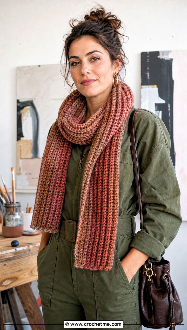 Variegated Brioche Crochet Scarf With Utility Jumpsuit - 25 Brioche Crochet Scarf outfit ideas