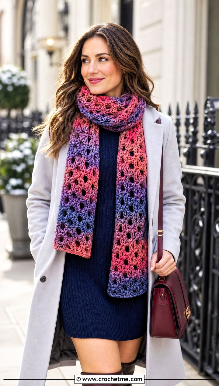Variegated Cari Keyhole Crochet Scarf With Sweater Dress - 15 Cari Keyhole Crochet Scarf outfit ideas