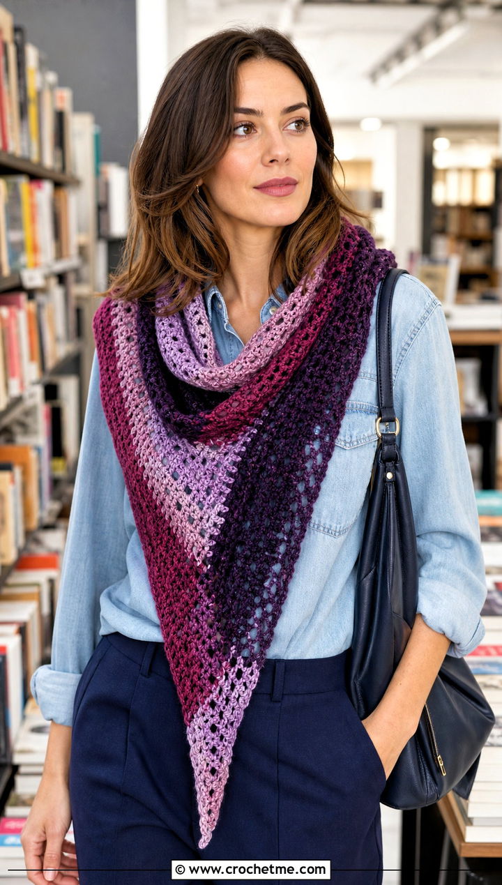 Variegated Crochet Boomerang Scarf With Denim Shirt - 15 Crochet Boomerang Scarf outfit ideas