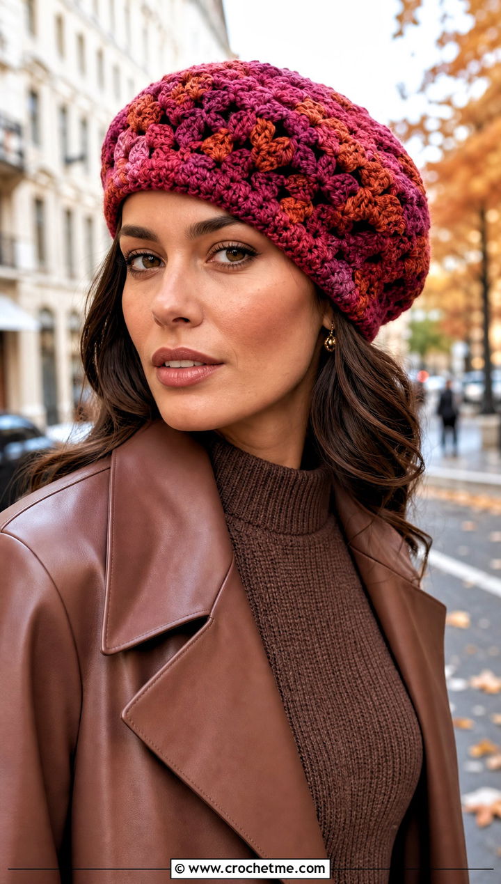 Variegated Crochet Granny Square Beret With Knit Dress - 25 Crochet Granny Square Beret outfit ideas