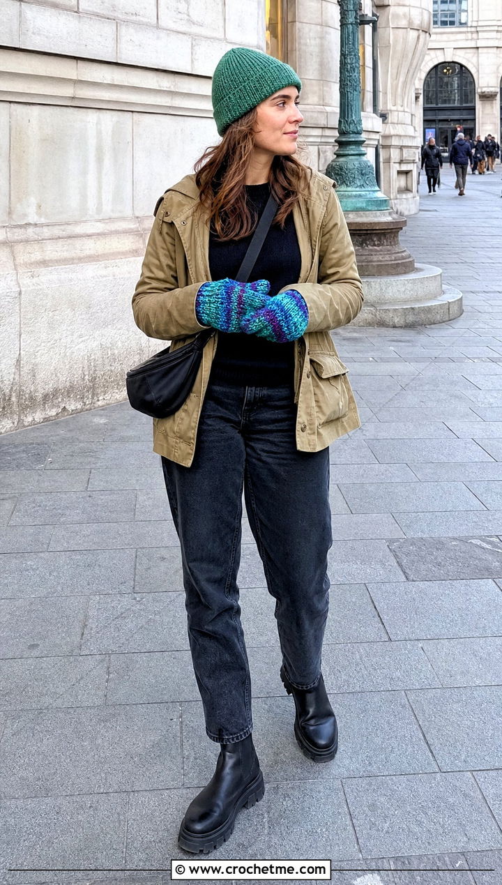 Variegated Crochet Mittens With Utility Jacket - 35 easy crochet mittens outfit ideas