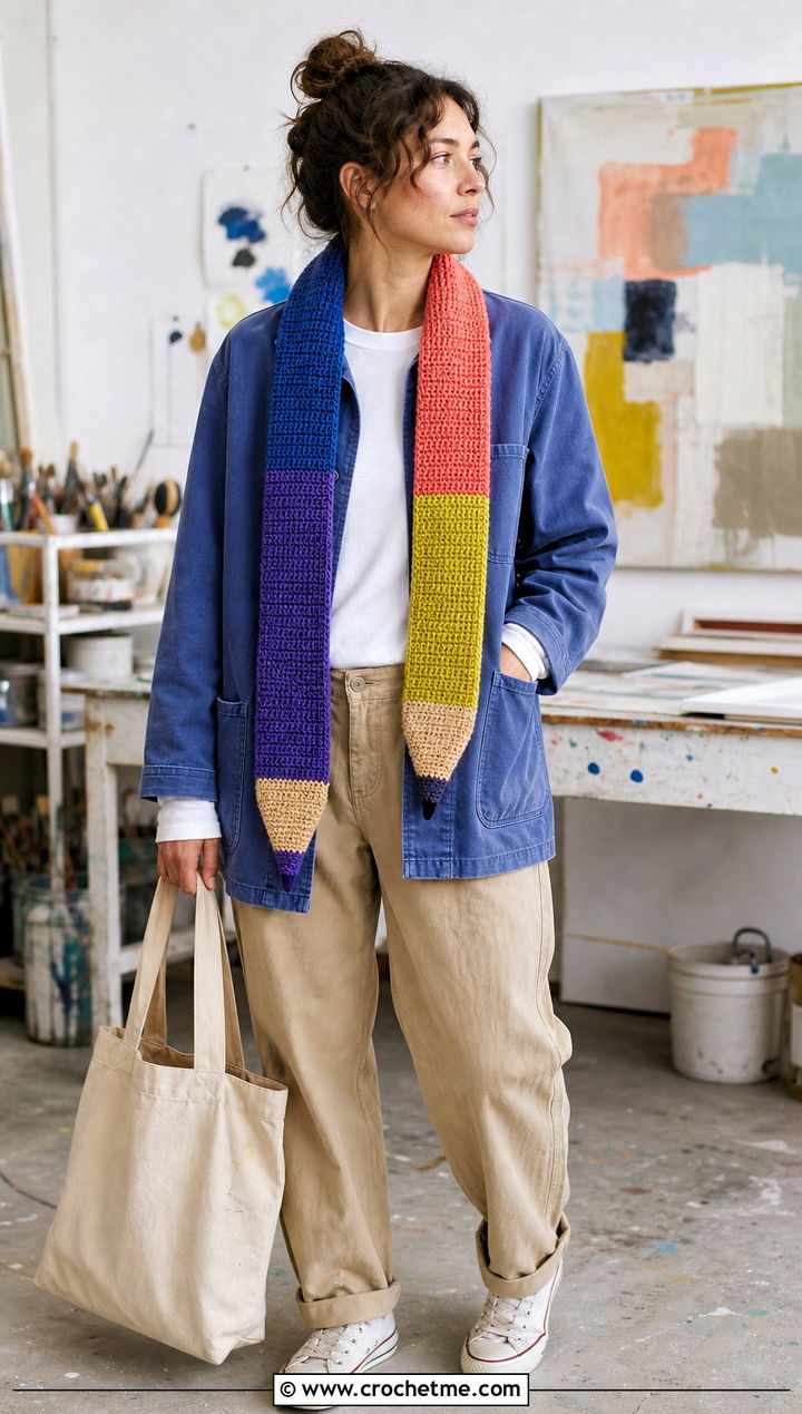 Variegated Crochet Pencil Scarf With Chore Coat - 25 Crochet Pencil Scarf outfit ideas