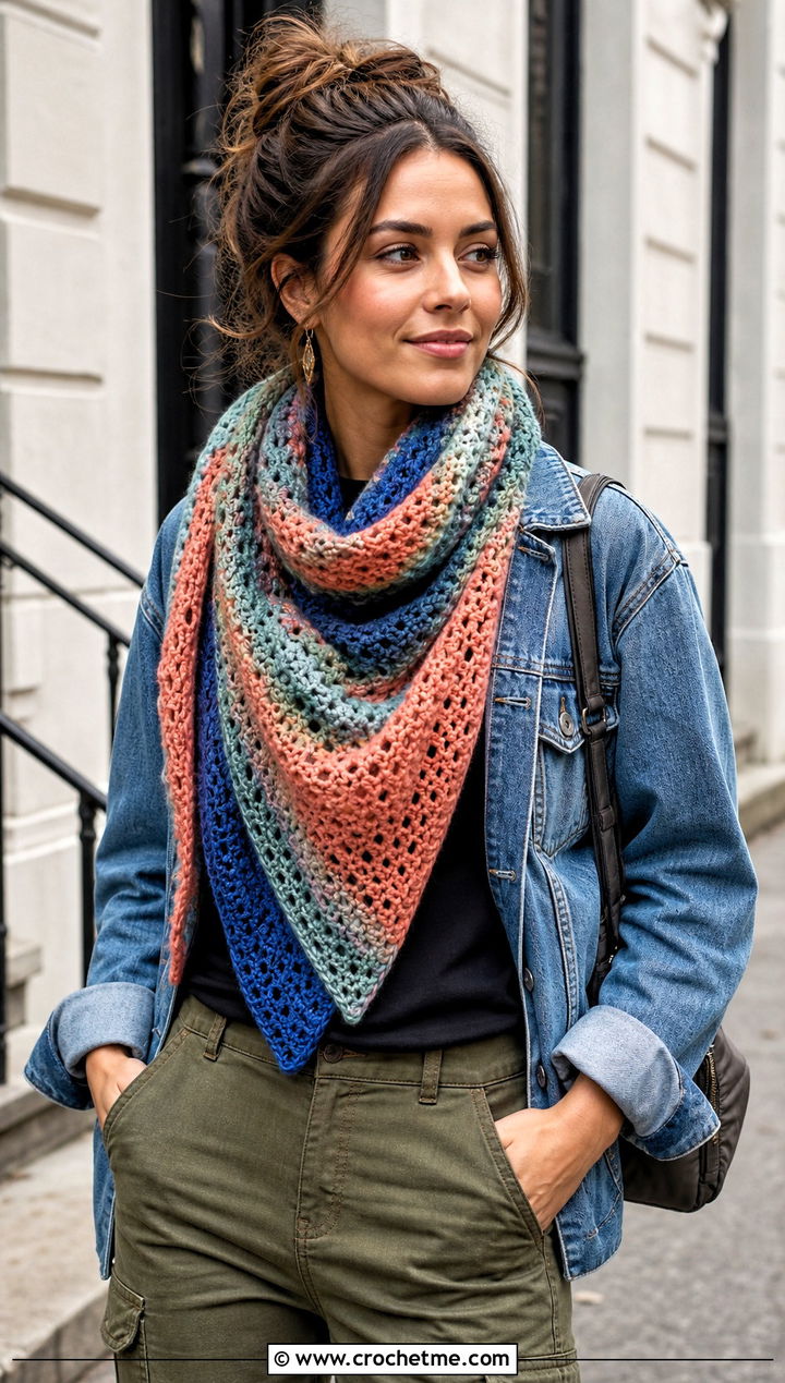 Variegated Crochet Road Trip Scarf With Denim Jacket - 15 Crochet Road Trip Scarf outfit ideas