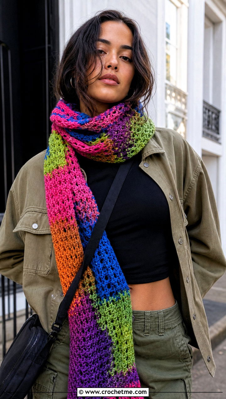 Variegated Crochet Scarf With Cargo Pants - 25 multi colored crochet scarf outfit ideas