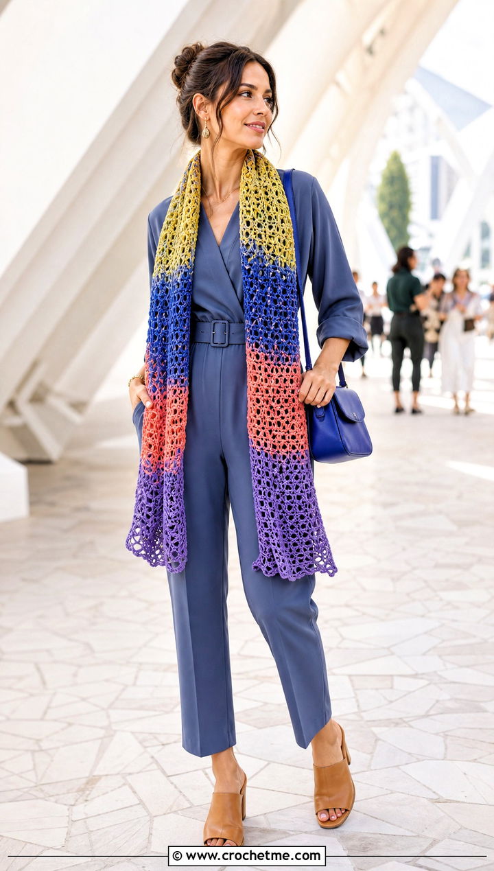 Variegated Crochet Scarf With Neutral Jumpsuit And Mules - 35 easy crochet scarf for beginners outfit ideas