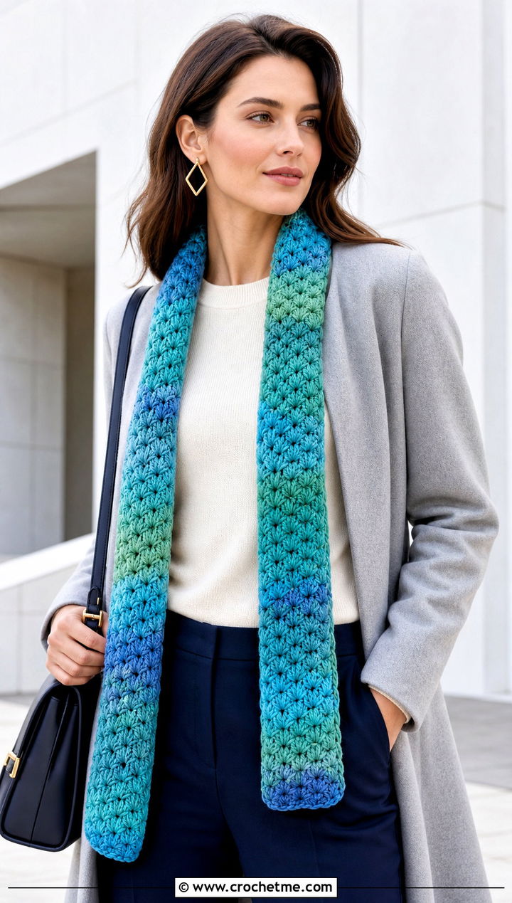 Variegated Crochet Star Stitch Scarf With Minimalist Separates - 25 Crochet Star Stitch Scarf outfit ideas