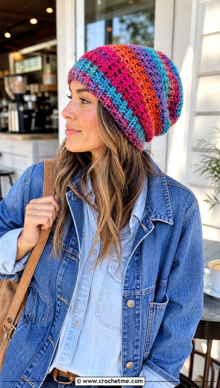 Variegated Crochet Stocking Hat With Double Denim - 25 easy crochet stocking hat outfit ideas
