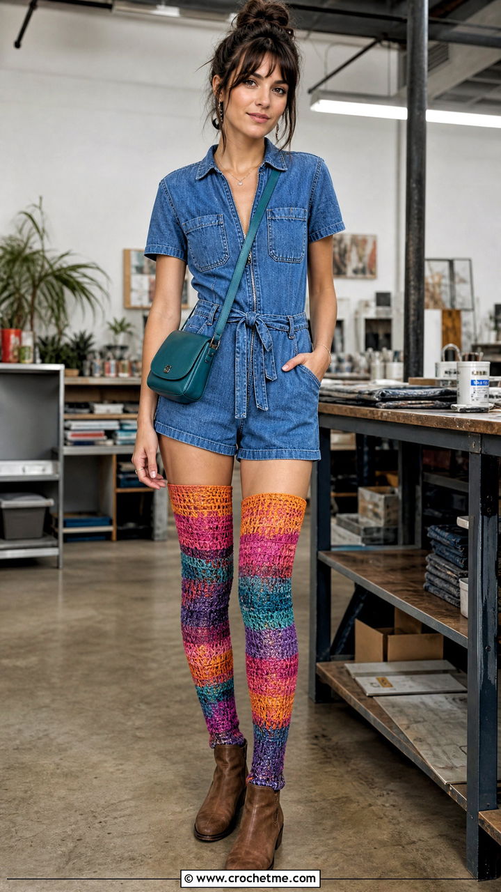 Variegated Crochet Thigh High Socks With Denim Jumpsuit - 35 crochet thigh high socks outfit ideas