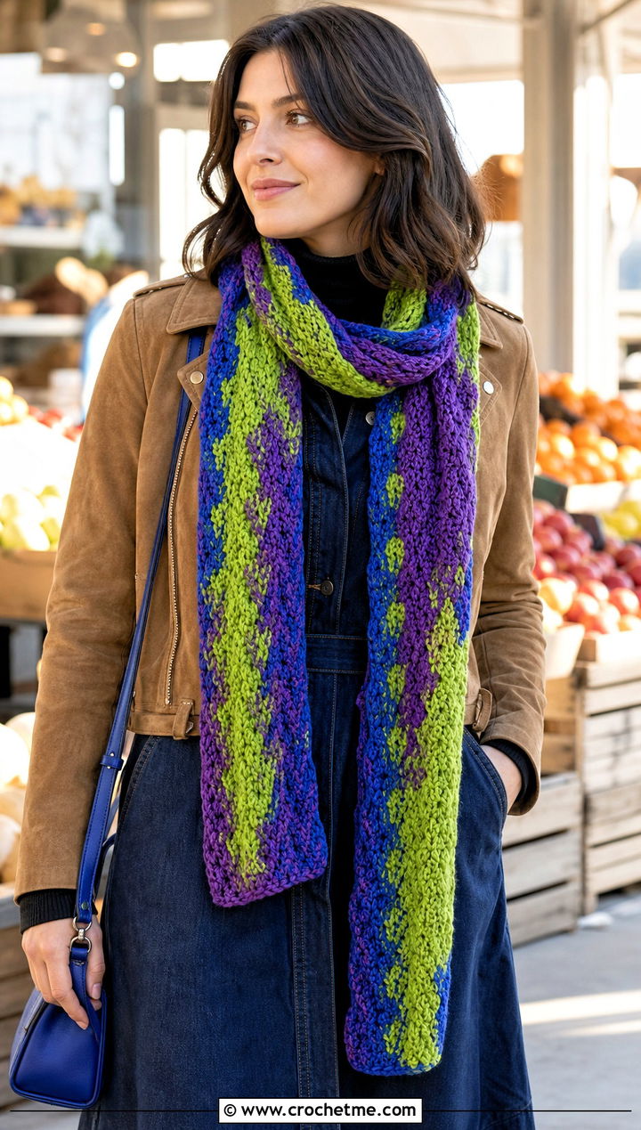 Variegated Crochet Winter Scarf With Denim Midi Dress - 35 crochet winter scarf outfit ideas