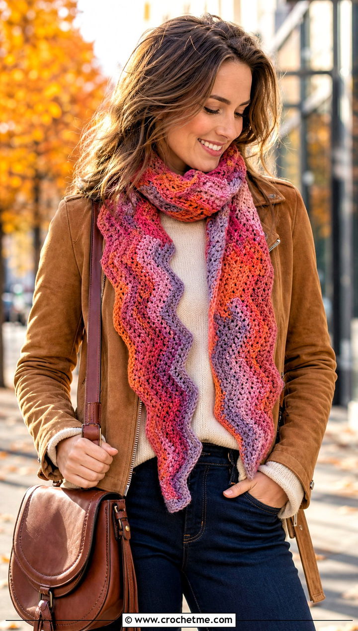 Variegated Crochet Zig Zag Scarf With Suede Jacket - 20 Crochet Zig Zag Scarf outfit ideas
