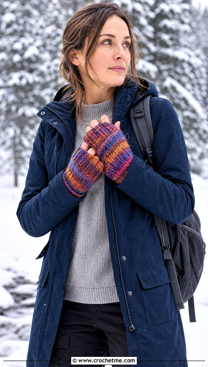 Variegated Fingerless Gloves With Parka - 25 Crochet Fingerless Gloves Bulky Yarn outfit ideas