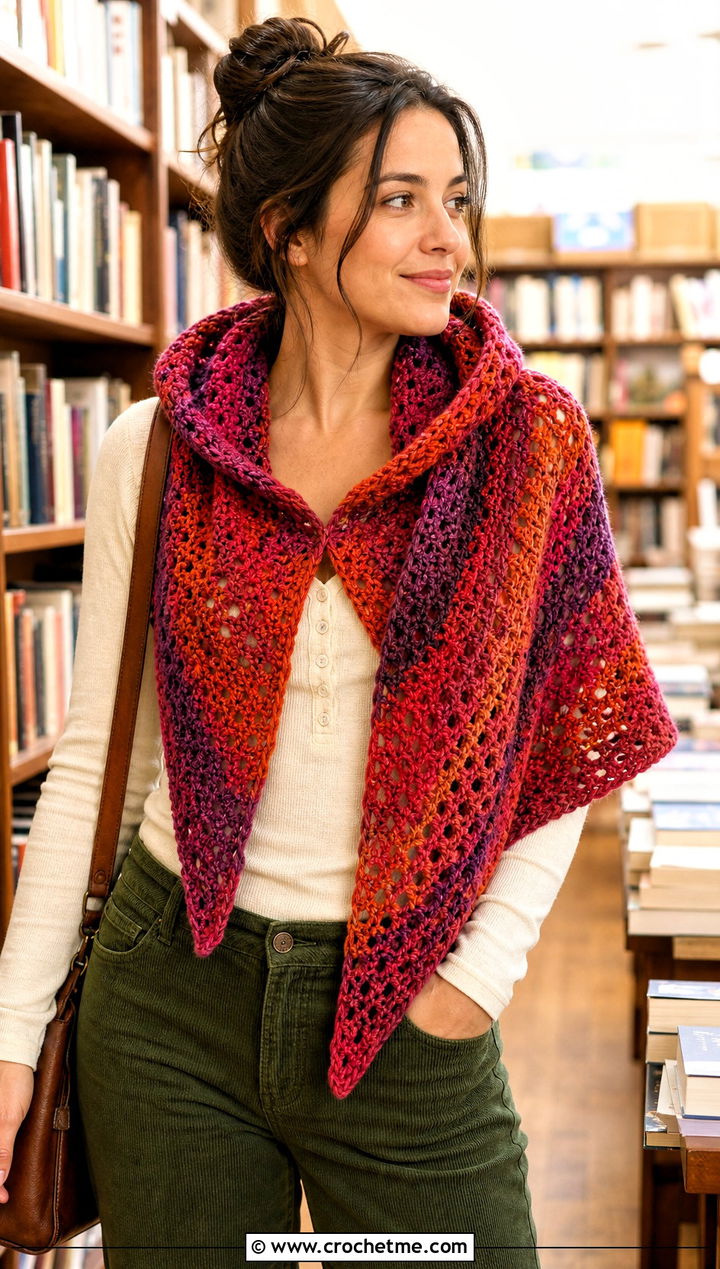 Variegated Hooded Triangle Crochet Shawl With Corduroy Pants - 25 Hooded Triangle Crochet Shawl outfit ideas