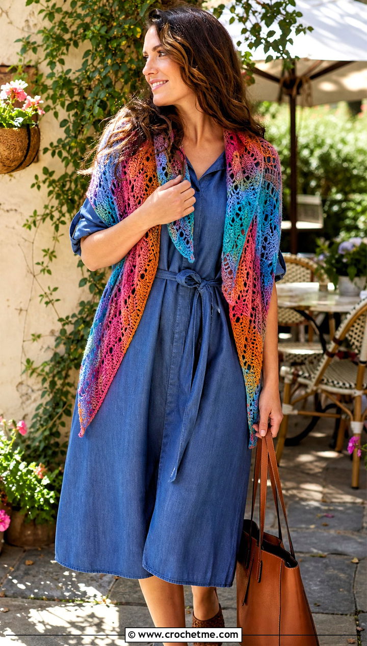 Variegated Lace Triangle Shawl With Chambray Dress - 25 Crochet Lacy Triangle Shawl outfit ideas