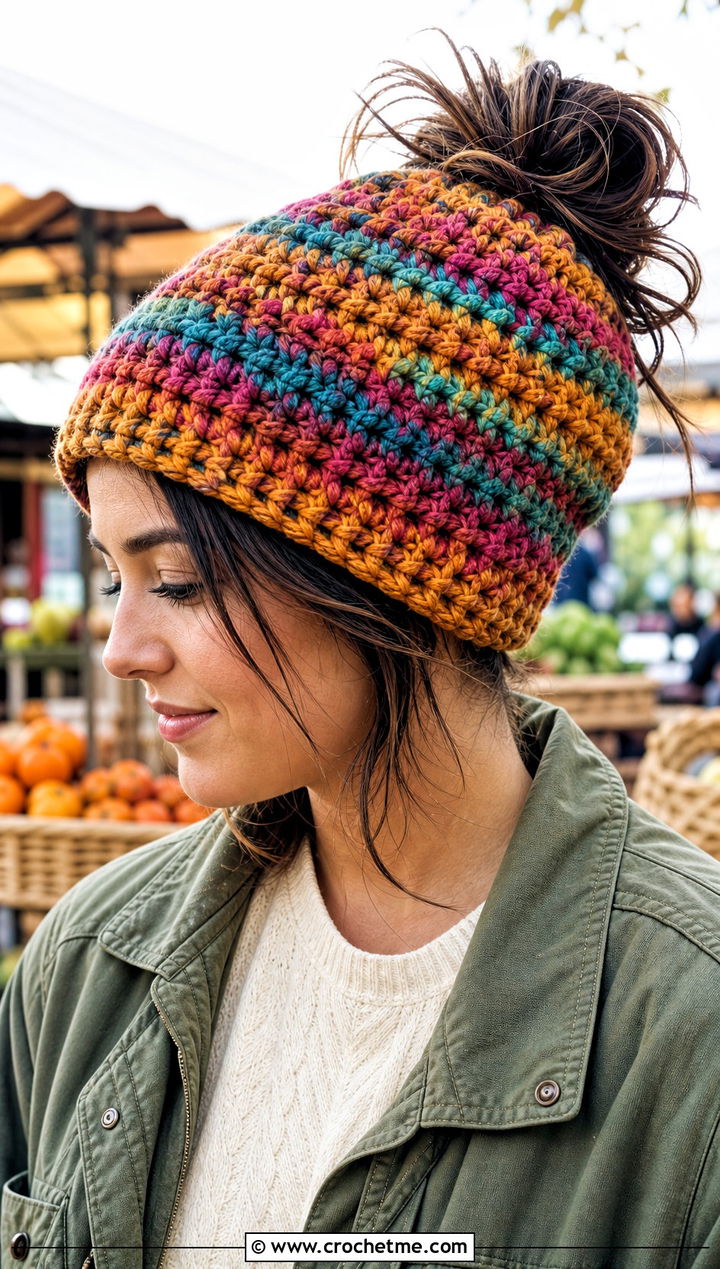 Variegated Messy Bun Crochet Beanie With Field Jacket - 30 easy messy bun crochet beanie outfit ideas