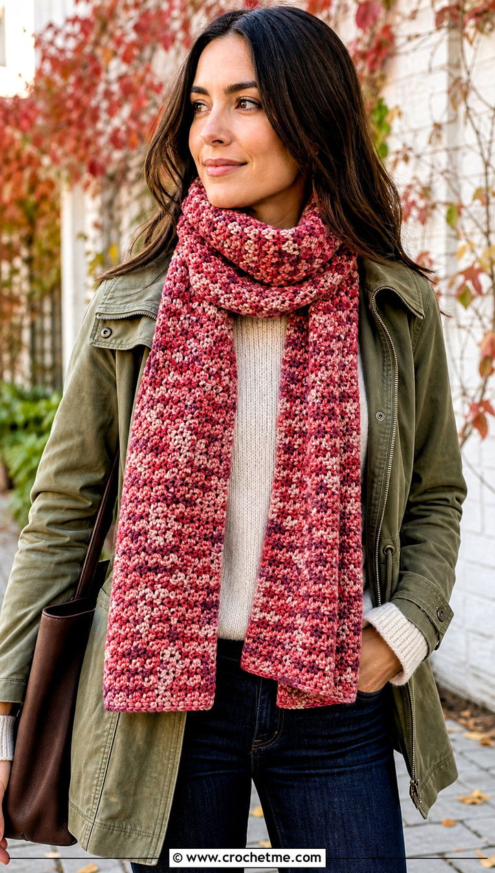 Variegated Moss Stitch Crochet Scarf With Neutral Basics - 25 Moss Stitch Crochet Scarf outfit ideas