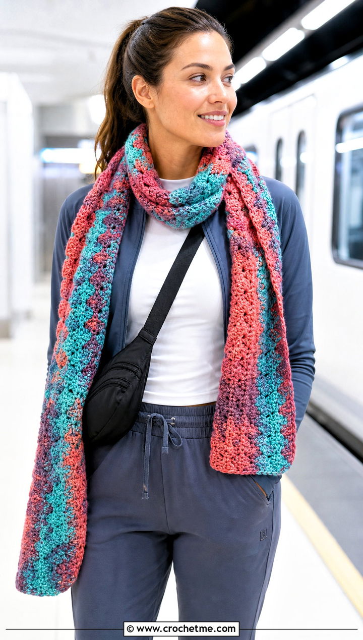 Variegated Shell Crochet Scarf With Athleisure - 20 Shell Crochet Scarf outfit ideas