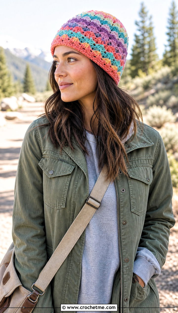 Variegated Shell Stitch Beanie With Utility Jacket - 15 Crochet Shell Stitch Beanie outfit ideas