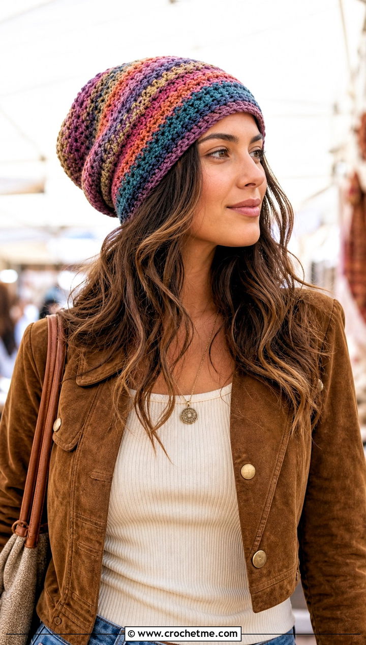 Variegated Spiral Slouch Beanie With Boho Layers - 15 crochet swirl beanie outfit ideas