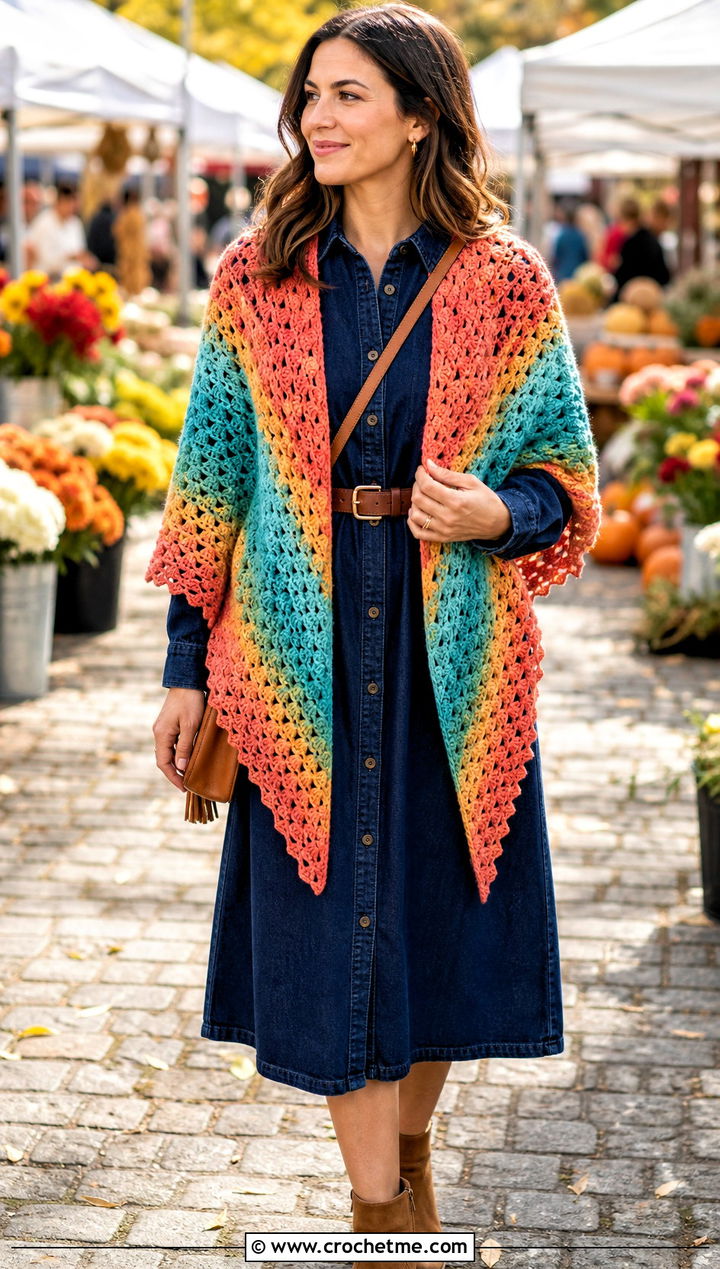 Variegated Triangle Crochet Shawl With Denim Dress - 25 triangle crochet shawls outfit ideas