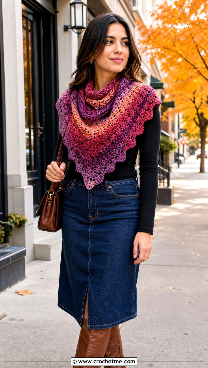 Variegated Triangle Crochet Shawl With Denim Midi Skirt - 35 triangle crochet shawl outfit ideas