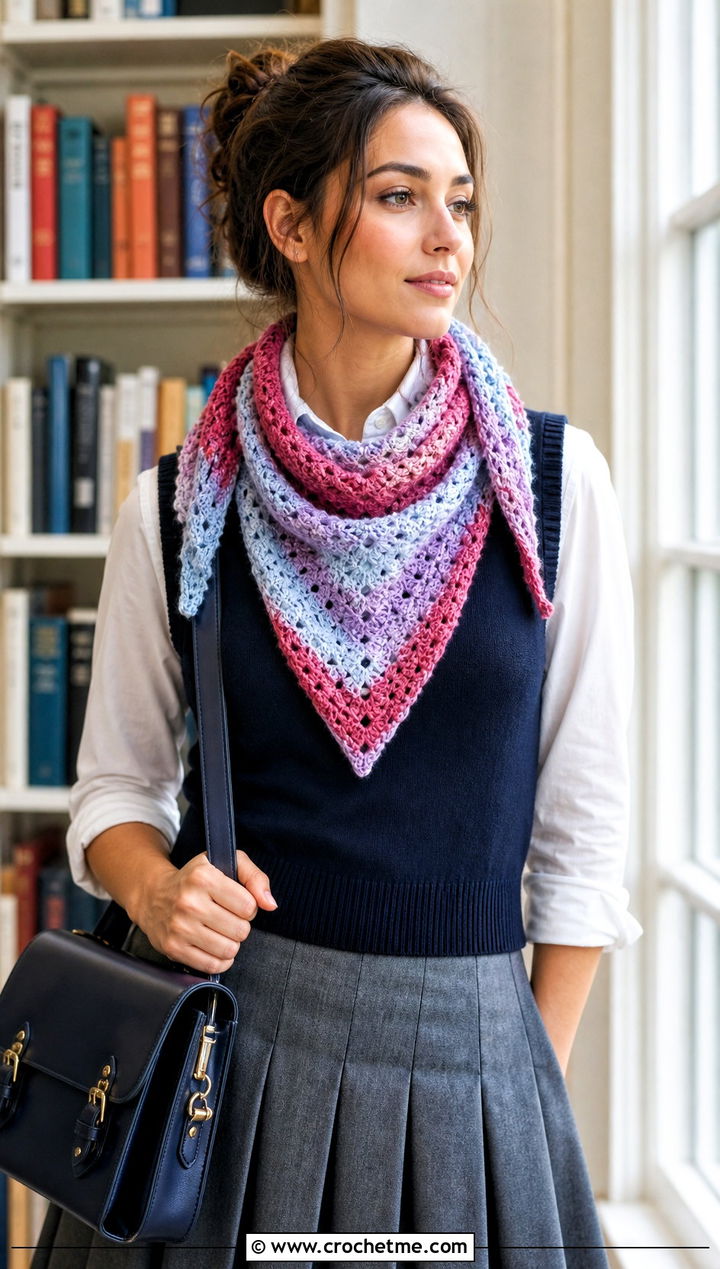 Variegated Triangle Scarf With Sweater Vest - 25 Crocheted Triangle Scarf outfit ideas