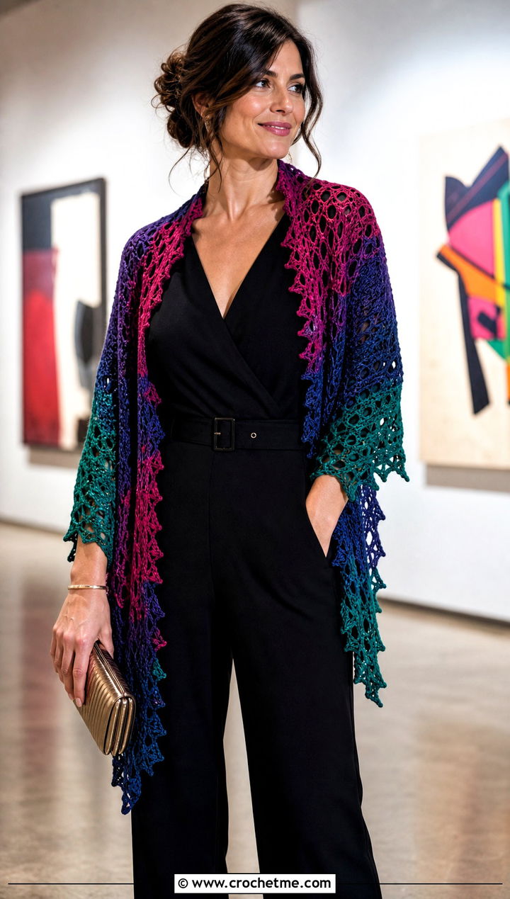 Variegated Virus Shawl With Black Jumpsuit - 35 crochet virus shawl outfit ideas