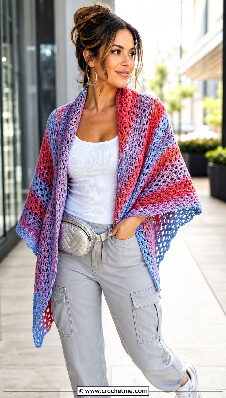 Variegated Virus Shawl With Cargo Pants And Sneakers - 15 crochet virus shawls outfit ideas