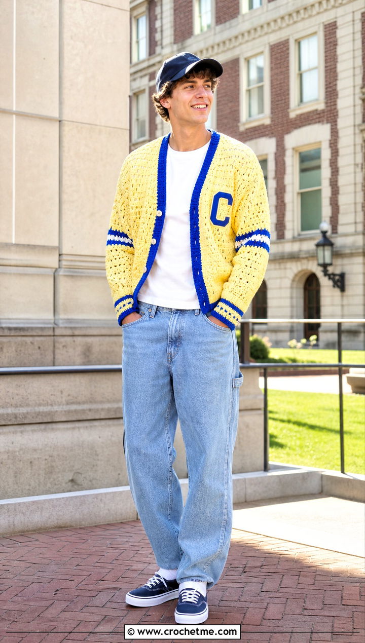Varsity Crochet Cardigan With Carpenter Jeans - 30 crochet man cardigan outfit ideas