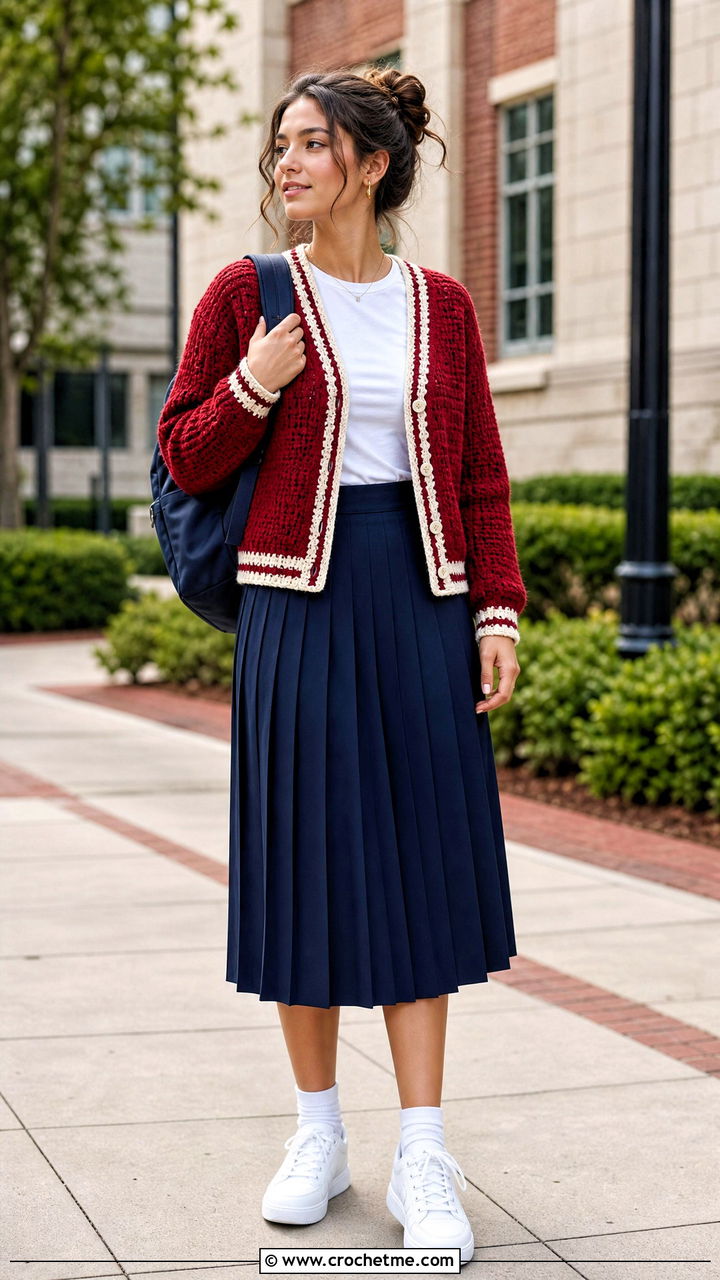 Varsity Crochet Cardigan With Pleated Skirt - 35 easy crochet cardigan outfit ideas