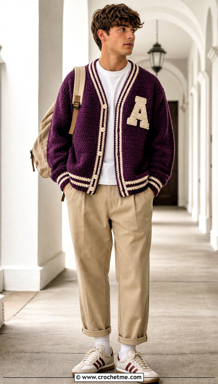 Varsity Crochet Cardigan With Relaxed Khakis - 30 mens crochet cardigan sweater outfit ideas