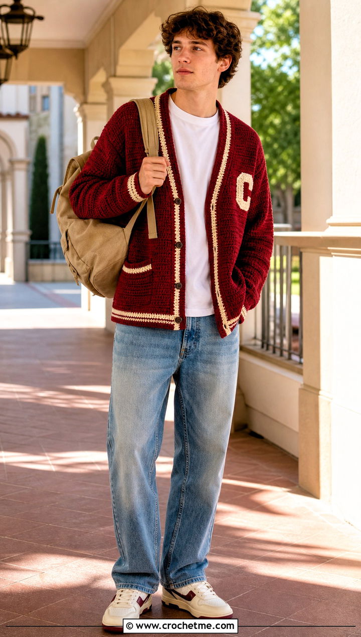 Varsity Crochet Cardigan With Tee and Straight Jeans - 20 men's crochet cardigan outfit ideas