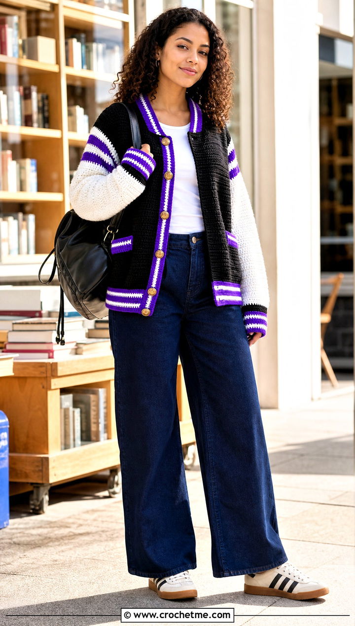 Varsity Crochet Cardigan With Wide Leg Jeans - 25 Black White Crochet Cardigan outfit ideas